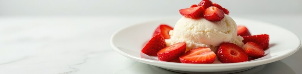 White plate with sliced red strawberries and vanilla ice cream, strawberry topping vanilla ice cream white plate, creamy desserts,