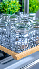 Clean glass jars in dishwasher, kitchen background