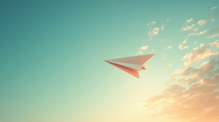 Paper Airplane Soaring in a Pastel Sunset Sky