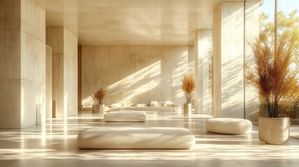 Modern Beige Interior with Sunlight, Lounge Area, View