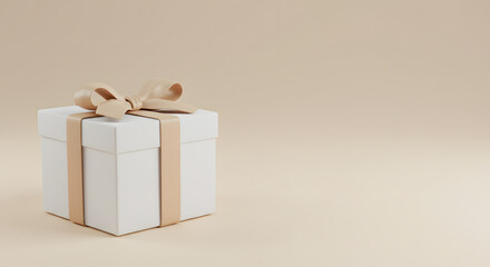 Elegant Beige Ribbon on a White Gift Box, Minimalist Present Packaging Design, 3D Rendered Product Mockup, Festive Celebration