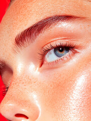 Close-up woman's eye, red background, beauty shot, skincare ad