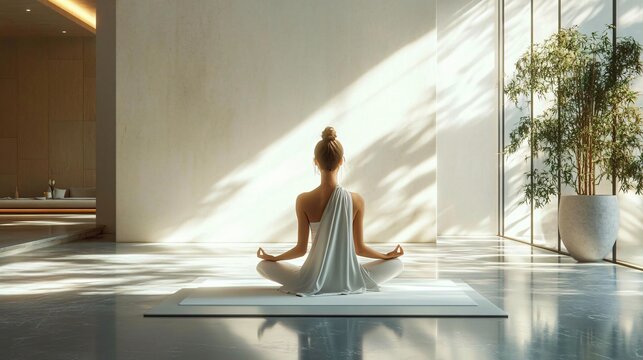 A serene image of a woman in a white garment meditating in a minimalist space, ideal for wellness, mindfulness events, or peaceful living promotions.
