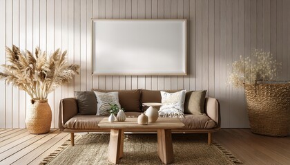 3D Mockup Frame in Farmhouse Living Room Interior Rustic Charm Amidst a Cozy Hearth and Sunlit Textures, Perfect for Digital Art, Home Decor, or Design Inspiration.