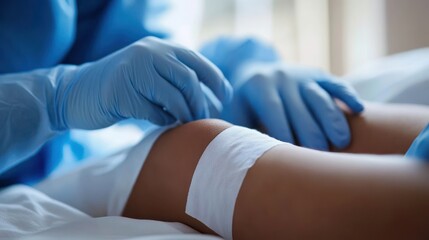 Obraz premium Close-up of a Doctor Applying a Bandage on a Patient's Knee in a Hospital Setting