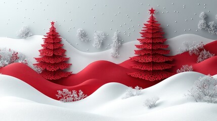 Festive Christmas Trees on Snowy Landscape, decorative, artistic design, 3D illustration