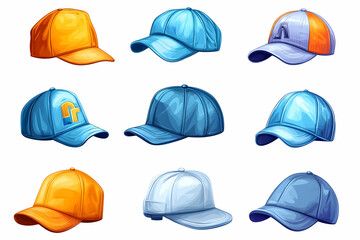 Colorful baseball caps collection; various designs, white background; website graphics
