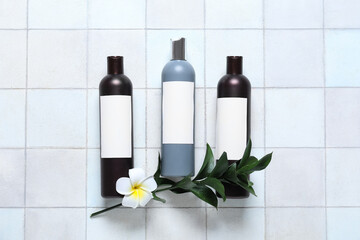 Composition with bottles of shampoo and green twig on white tile background