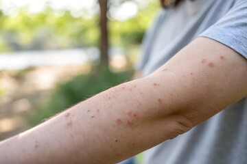  A close-up of irritated mosquito bites on a forearm, showing redness, swelling, and slight scratching marks.