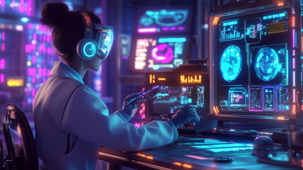 Obraz premium Cybernetic Engineer Shapes Future Tech in Virtual Lab