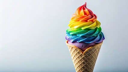 Close-up of a dreamy rainbow ice cream cone, double exposed, isolated, whimsical dessert.