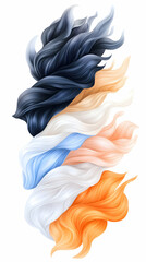 Colorful hair strands flowing, abstract style, white background, hair care product advertisement