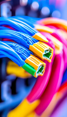 Obraz premium Colorful network cables, server room background, data center infrastructure, technology concept