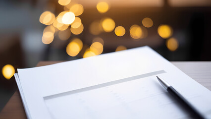 Blank planner sheets placed on a wooden table with a pen, surrounded by soft golden bokeh lights, ideal for conveying concepts of productivity, planning, and time management.