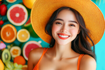 Smiling Young Woman in Orange Swimwear and Straw Hat Surrounded by Fresh Fruits