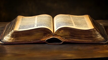 Antique Open Book on Wooden Table, Dark Background