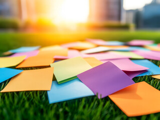 Obraz premium Colorful Sticky Note Papers Spread on Green Grass in Bright Urban Sunset Background