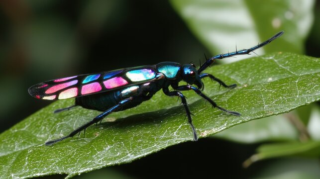 Vibrant insect displaying iridescent colors rainforest macro photography natural habitat close-up entomology