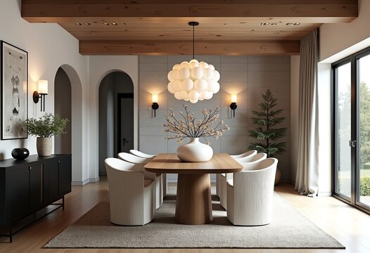 エレガントなモダンなダイニングルーム：キャンドル燭台で照らされた薄い灰色の石のアクセントウォール、木製のリブ付きダイニングテーブル、テクスチャード加工された白い湾曲した椅子、光沢のあるバブルシャンデリアのある明るい空間の編集画像。

