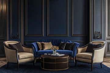 Art deco design business hall, deep dark colors with navy details, 3D.