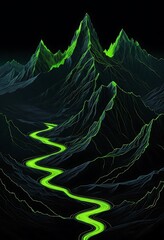 Emerald Veins, A Neon River Winding Through Obsidian Peaks
