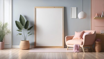 Scandinavianstyle Mockup Frame in Pastel LightFilled Interior, 3D Render, Evoking a Serene and Minimalist Ambiance at Dusk.