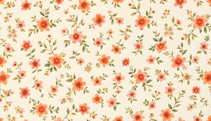 Delicate Abstract Floral Print with Orange, Pink, and Red Flowers and Leaves