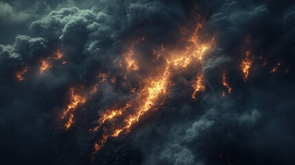 Fototapeta premium Fiery cloudscape, volcanic eruption, dark sky, dramatic texture, background