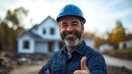 Happy contractor thumbs-up, new home construction site
