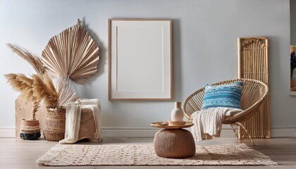 Coastal Boho Mockup Frame in Living Room Interior Background A Breezy, Textured Vignette Capturing a Stunning Coastal Retreat