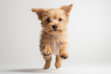 long-haired chihuahua, jumping dog photography, professional pet portrait, studio lighting setup, white background, small dog action, toy breed photography, dynamic movement capture, happy dog express
