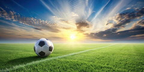 A solitary soccer ball rests on a vibrant green field at sunset, the sky ablaze with dramatic colors and clouds.