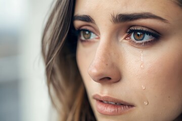 A highly detailed close-up of a woman’s face with visible tear trails on her skin, highlighting emotion and texture.