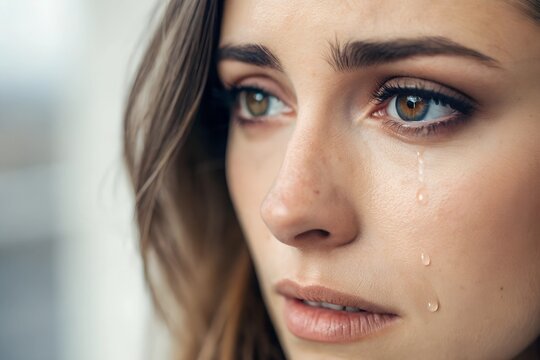 A highly detailed close-up of a woman’s face with visible tear trails on her skin, highlighting emotion and texture.
