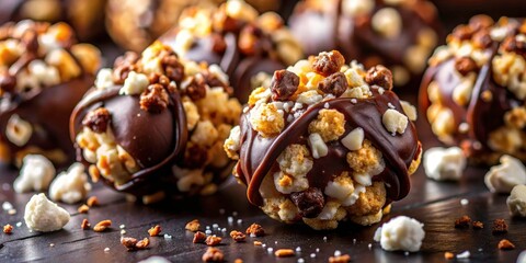 Indulge in this close-up: Gourmet truffle popcorn, dark chocolate decadence, a salty-sweet macro delight.