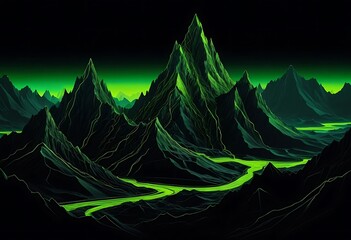 Neon Peaks, A Luminous River Flows Through Jagged Mountain Landscape