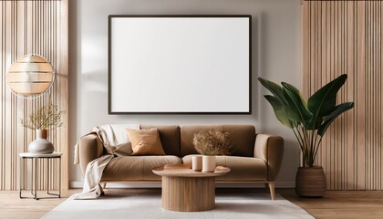 Modern 3D Rendered Mockup Frame Elevating a Minimalistic Living Room Interior with Rich Textures and Vibrant Hues, Illuminating the Space with Stylish Finesse