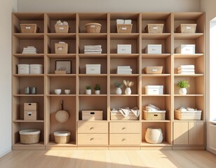 Neatly arranged storage units, wicker baskets, boxes on wooden shelves create order in modern space. Closet organization ideas, tidiness solutions, decluttering tips, wardrobe accessories. Interior