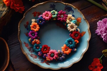 Naklejka premium Blue Plate with Floral Wreath