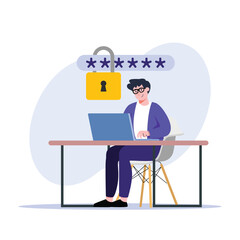 Illustration of a man using a laptop with an unlocked password, signifying data security issues Consider using it for cybersecurity or data protection concepts.