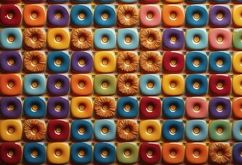 Fototapeta premium Whimsical Rainbow Donuts, A Playful Pattern of Glazed Delights and Textured Treats