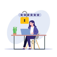 A woman types on a laptop with a password and unlocked lock above her; great for demonstrating online security topics.