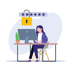 A woman is unlocking a password on a computer, symbolizing data access and security This illustration is ideal for cybersecurity or online safety content.