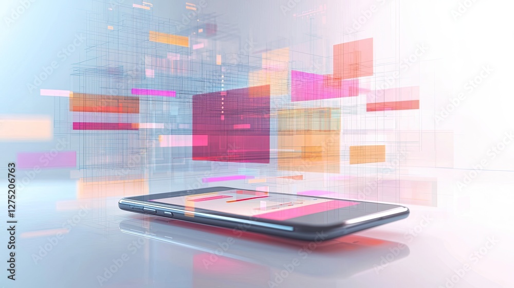 Poster abstract digital design with smartphone and colorful data blocks
