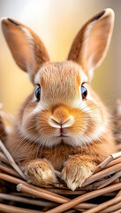 Obraz premium Cute bunny in wicker basket, spring background, Easter