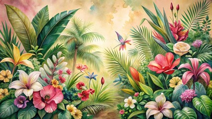 Fototapeta premium Lush Tropical Paradise Vibrant Blooms, Palm Trees, and Butterfly Wings in a Serene Garden Setting