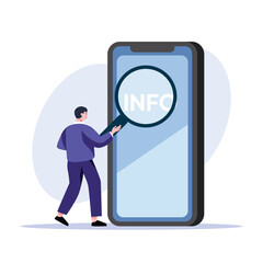 Man uses magnifying glass to search for information on a smartphone screen in an illustration, ideal for information technology and research projects.