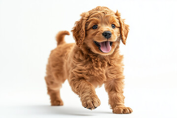 Adorable Golden Doodle Puppy Captured Mid-Step Showcasing Beautiful Coat Texture and Happy Expression in Premium Studio Photography Session