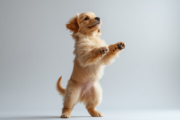 Charming Golden Retriever Demonstrating Perfect Standing Pose with Joyful Expression in Professional Studio Photography Capturing Training Achievement and Natural Intelligence
