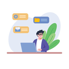 Person working on laptop with floating settings gear, email, and folder icons around him Great for illustrating digital productivity and online communication.